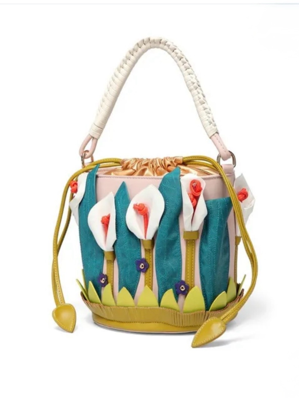 Cala Lily Highly Unique Hand Bag w/ Detachable Strap. L-9.5”, W-7”, H-10”. NWT